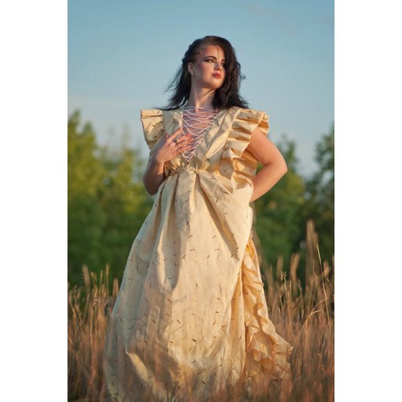 Women's Gold Hand Beaded Vintage Victorian Boho Style Ruffle Maxi Dress New - Picture 2 of 10